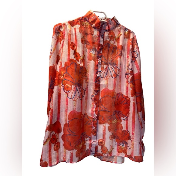 Vibrant Red Floral Sheer Blouse - Picture 2 of 7